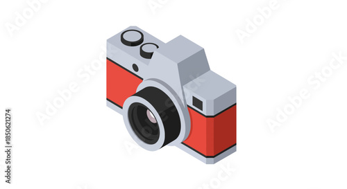 Capture memories with this trendy isometric camera, perfect for travel blogs, photography sites, or vintage-themed projects, radiating creativity and fun