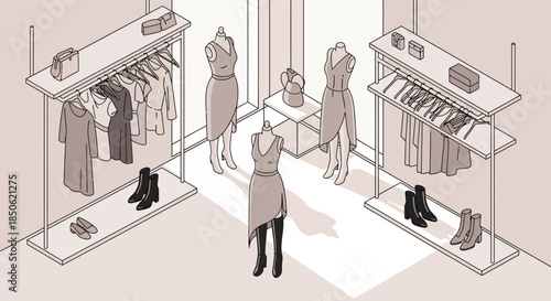 Elegant boutique interior featuring stylish dresses, fashionable shoes, and chic accessories for creating a modern and sophisticated retail experience