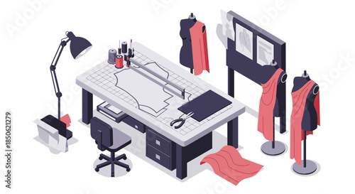 Fashion designer's studio with dress forms and sewing patterns, a creative space for designing apparel and fashion trends for stylish people everywhere
