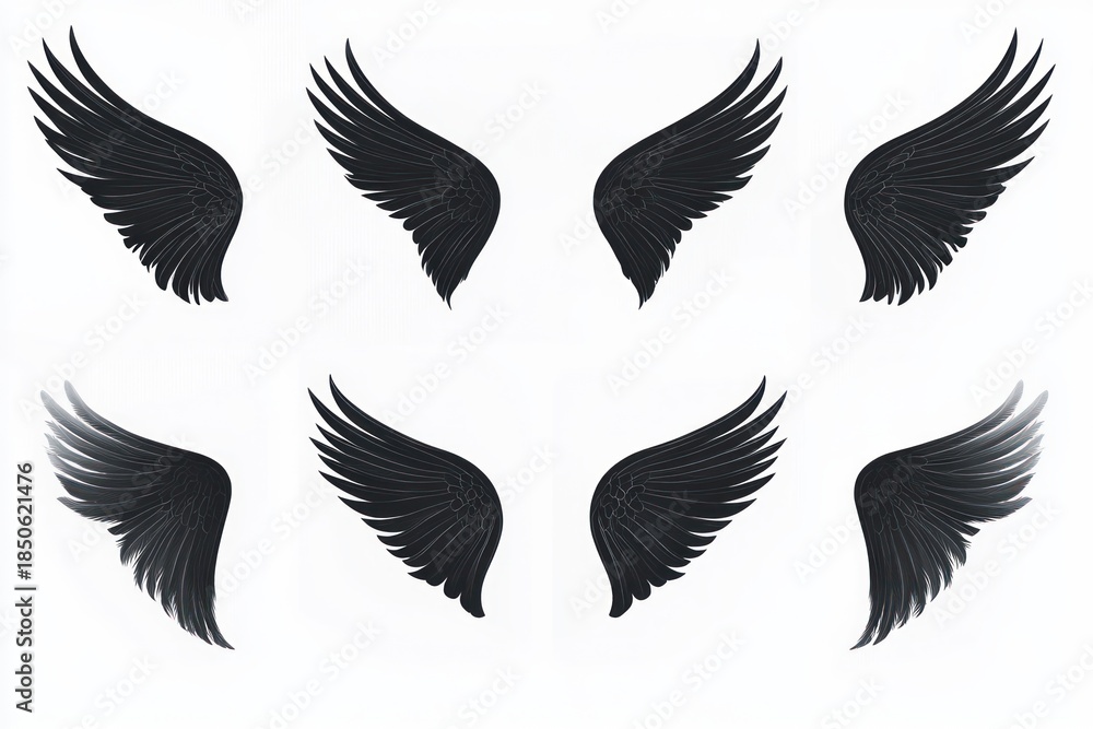 Obraz premium Eight stylized black feathered wings arranged in two rows on a white background, mirrored pairs creating an elegant, mysterious and dramatic graphic composition