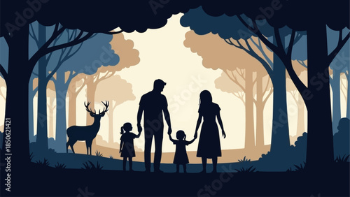 Family Silhouette Walking Together in a Forest with a Deer.