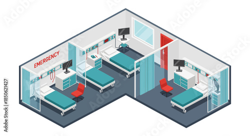 Isometric emergency room with beds, chairs, and equipment providing a sense of calm and readiness for medical care, conveying safety and professional service