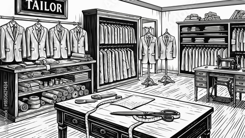 Tailor shop interior with suits and sewing equipment.