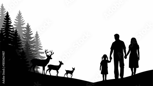 Family walking together in nature with deer.