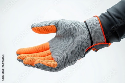outstretched palm wearing gray and orange textured safety glove, open hand in an inviting offering gesture