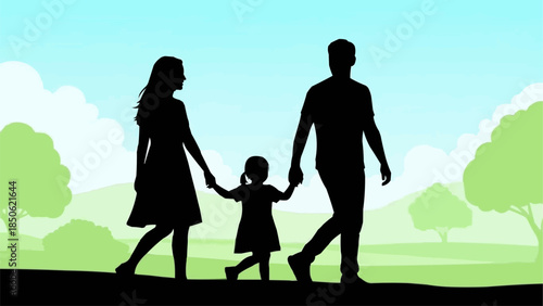 Silhouette of a family walking together holding hands.