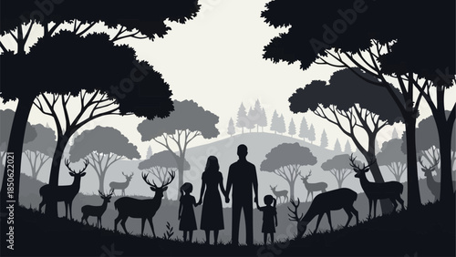 Family enjoying a serene forest walk with deer.