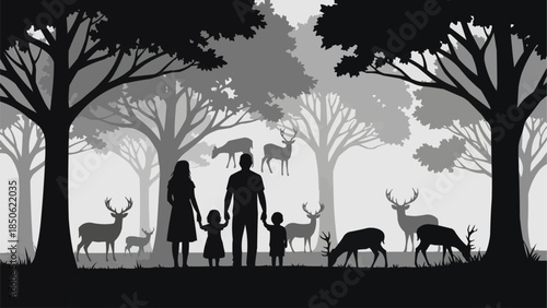Family enjoying a peaceful nature walk observing deer in a forest.
