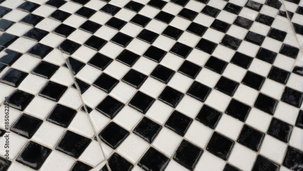 Obraz premium Black and white checkered tile pattern, glossy surface, close-up view.