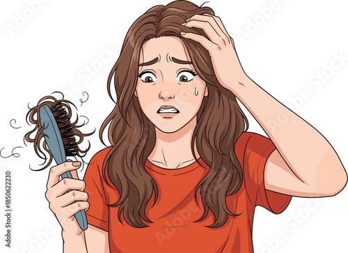 Stressed woman holding hairbrush with hair loss problem, female anxiety about thinning hair, beauty and health illustration concept