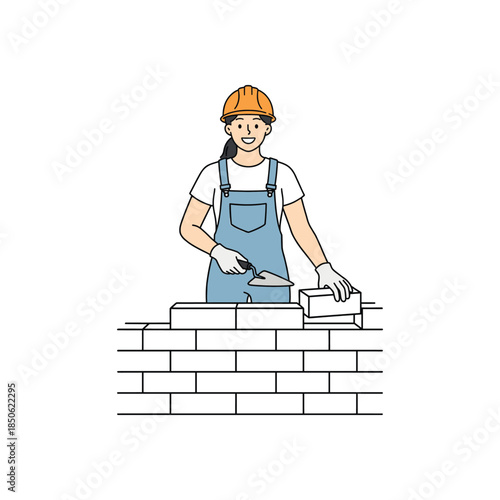 Female construction worker illustration building brick wall wearing safety helmet and overalls flat vector isolated on white background for construction industry concept