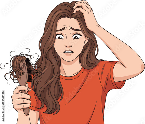 Stressed woman holding hairbrush with hair loss, female anxiety about thinning hair, beauty, health, and personal care illustration