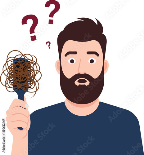 Stressed woman holding hairbrush with hair loss, female anxiety about thinning hair, beauty, health, and personal care illustration