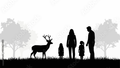 Family Encountering a Majestic Deer in a Natural Setting.