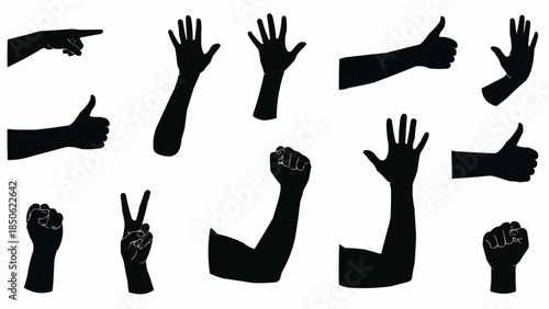 Collection of Black Hand Gestures and Silhouettes Demonstrating Various Actions.