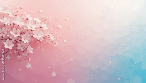 Delicate cherry blossom petals falling against a soft pink and blue gradient background