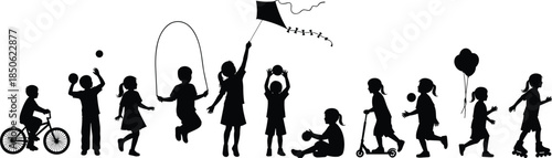 Children silhouette illustration, outdoor activity, playful kids, childhood fun, recreation, sports, movement, summer, joy, friendship, black silhouette, park scene, active lifestyle, group play,