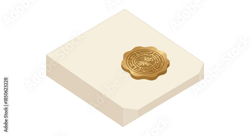 isometric legal document with golden wax seal stamp on blank paper stack symbolizing certified contract notarized agreement template