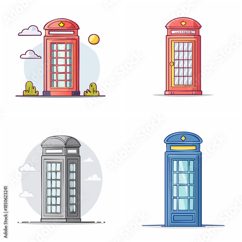 Telephone booths set vector graphics of red grey and blue public phone boxes against a white background