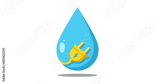hydropower energy icon with electric plug inside blue water drop on white background illustrating renewable water electricity concept