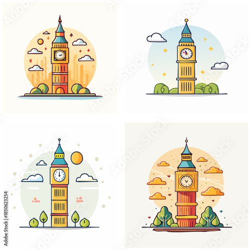 Cartoon illustrations of a tall clock tower depicting a famous building against a light background with clouds and trees