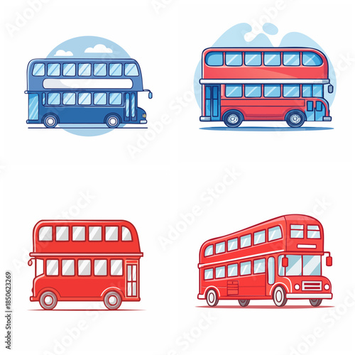 Illustrated collection of double decker buses in various styles and color schemes on white background