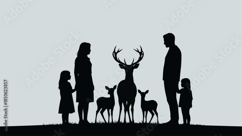 Family Silhouette with Deer in Nature.