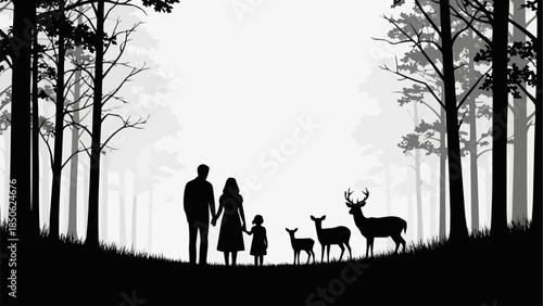 Family and Deer Silhouette in a Forest.