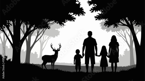 Family enjoying a nature walk and spotting a deer.