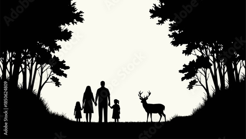 Family and Deer Silhouette in Nature.