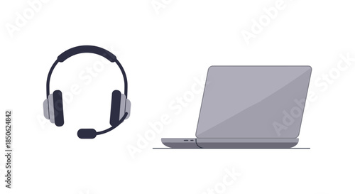 laptop with headset for online customer support and remote work communication on white background minimalist flat vector illustration