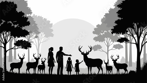 Family interacting with deer in a forest setting.