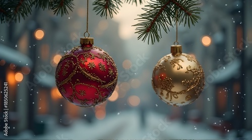 two main ball hangers hanging from pine tree branches against a snowy background