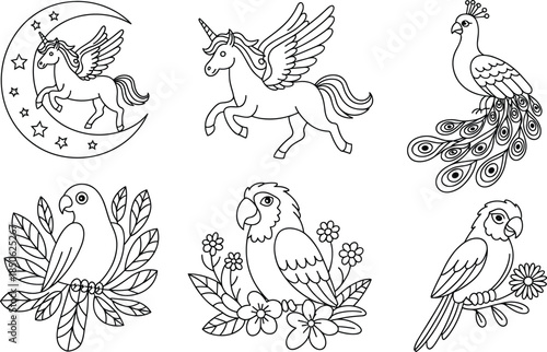 Black and white line of a pegasus and birds with flowers