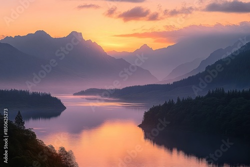 Wallpaper Mural Tranquil pastel sunrise over a misty mountain lake with forested shores and glassy reflections, evoking peaceful awe Torontodigital.ca