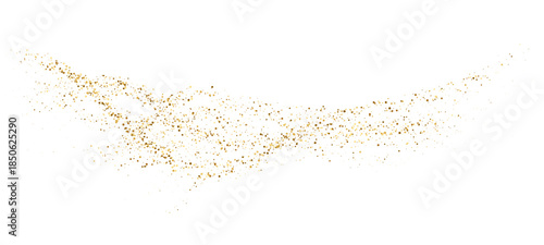 Gold particle confetti with glittered dot wave. Fluid dust stripe and shine. Golden vector curved dashed gradient net for holiday design, abstract background, Christmas decoration