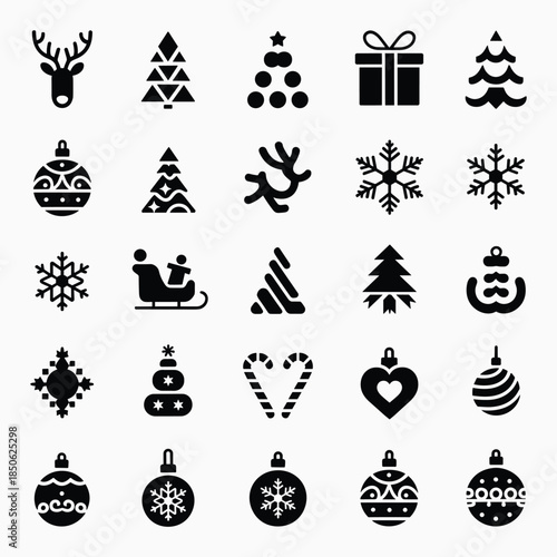 Black silhouette icons depicting various christmas and winter holiday themed elements, vector icons set
