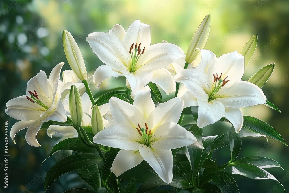 Obraz premium cluster of white lily blooms with green buds and glossy leaves against a soft bokeh background, sunlit and serene, evoking elegant calm