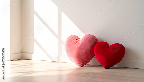 白い壁際に並ぶピンクと赤のハートクッション、明るい陽光が差し込む部屋