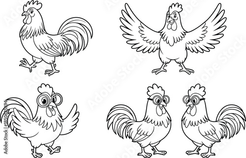 Five cartoon roosters in various poses and expressions