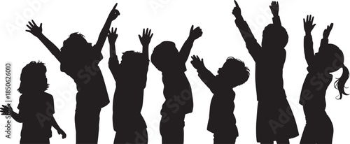 black silhouettes of children raising hands up in the air