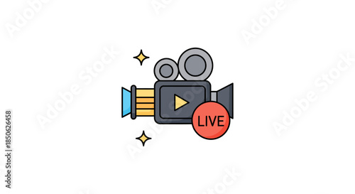 live streaming video camera icon with play button and red badge on white background for social media broadcast and online content