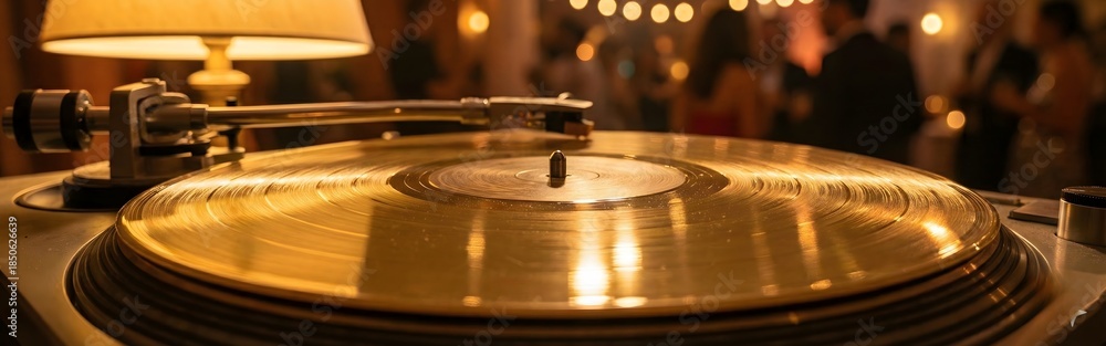 Obraz premium Golden Vinyl Record Spinning at an Elegant Party