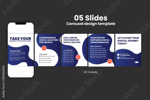 Modern Digital Business Carousel Post Template – 5 Slide Design for Social Media Promotion