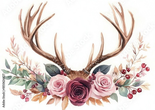 watercolor deer antlers adorned with pink and burgundy roses, berries and eucalyptus — romantic whimsical floral crown