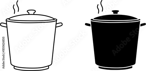 Asian stockpot steaming hot food. Minimalist vector icon set