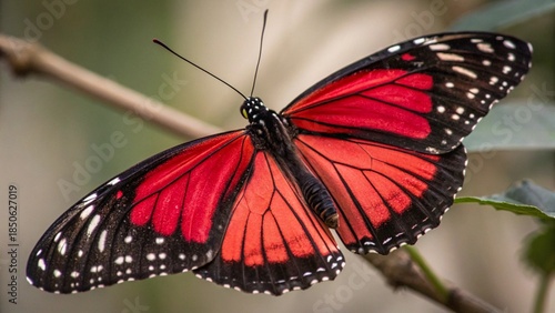 A beautiful red admiral butterfly with delicate black and orange wings rests on a green leaf in a summer garden, showcasing a colorful macro closeup of wildlife in nature