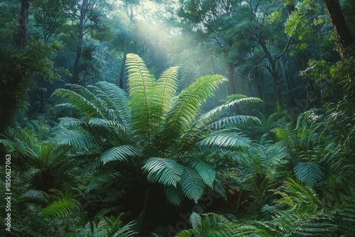 Sunlit rainforest clearing with large tree ferns and misty beams filtering through tall trees over lush green undergrowth, evoking a tranquil peaceful mood