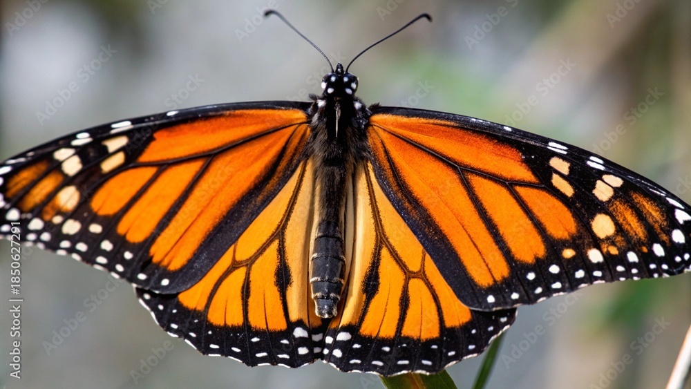 Obraz premium A delicate monarch butterfly with vibrant orange and black wings rests on a colorful flower in a summer garden to drink nectar in this macro wildlife close-up