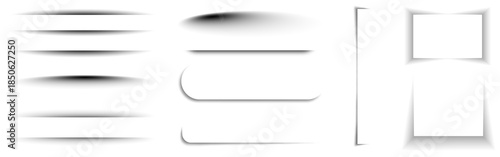 Realistic soft drop shadow divider set with horizontal lines, rounded banners and paper boxes. Clean transparent shadow overlays for web, posters, cards and modern graphic design.